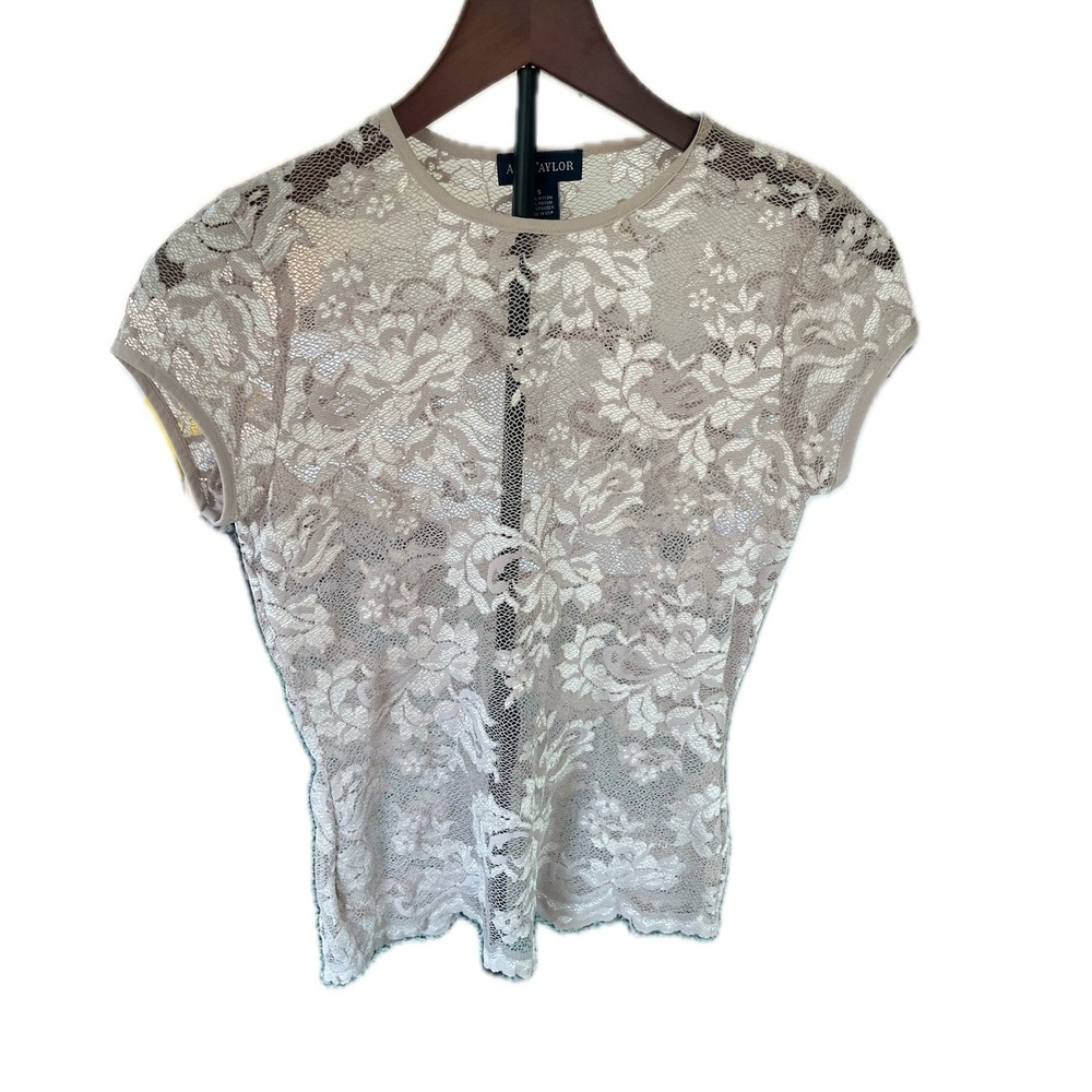 Vintage 90s Womens Gold Floral Lace Short Sleeve Scallop Hem Top Sz S Festival